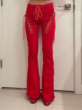 Red Lace-Up Flare Pants